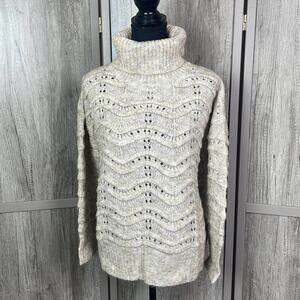 New! FRNCH open knit oversized oatmeal turtleneck cable sweater women's S/M